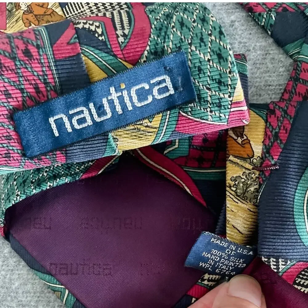 Vintage Nautica Silk Golf Tie 90s Prep Patchwork Country Club Necktie 3.75